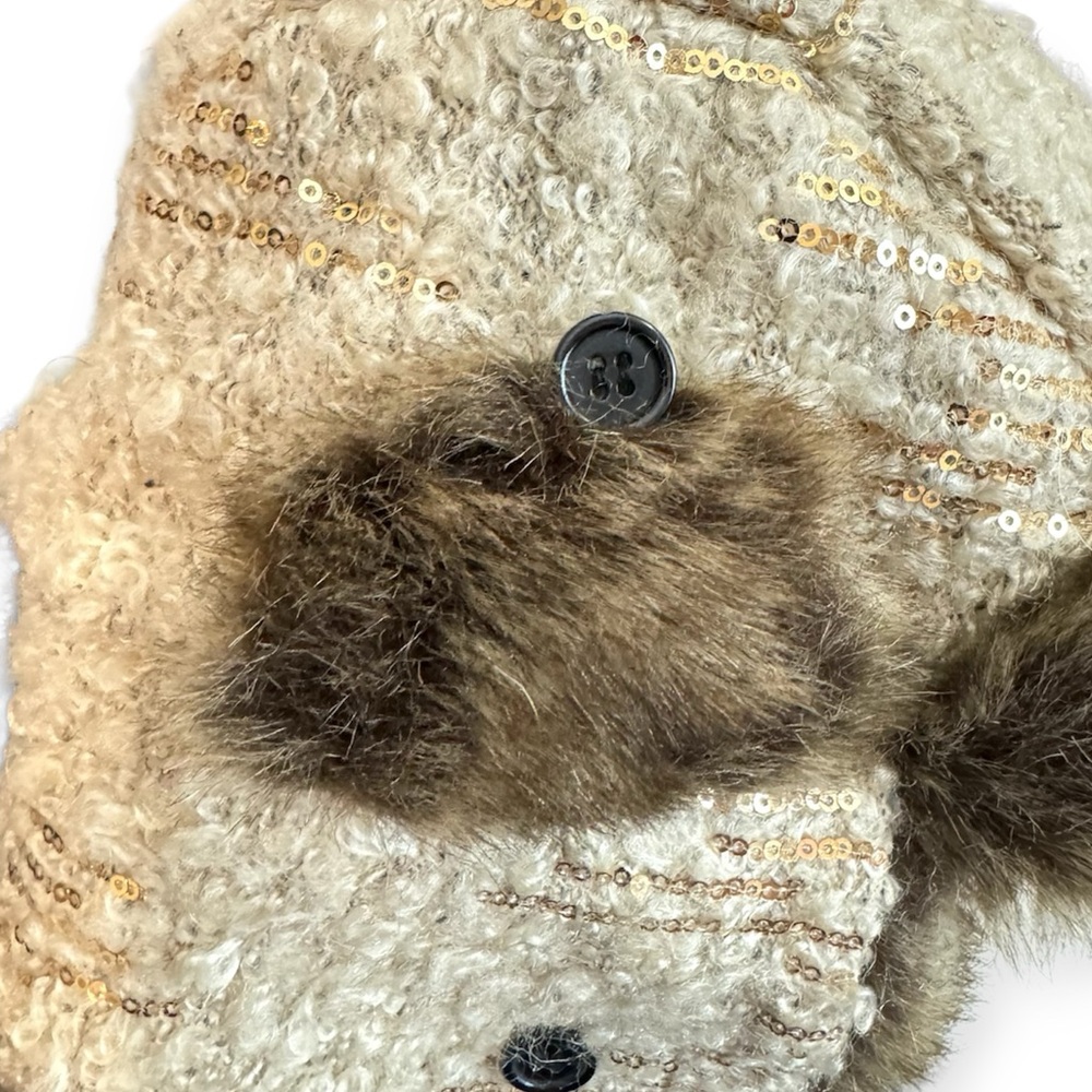 Mudd Juniors Faux Fur Tan Sequins Trapper Hat Snap Closure Chin Strap - Picture 8 of 11